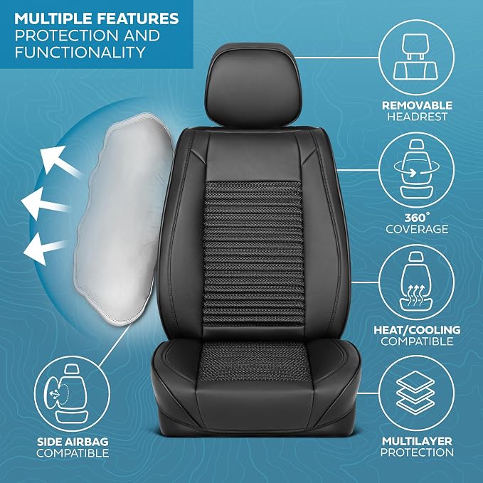 MotorBox Elite Edition Faux Leather & All Weather Wicker Seat Covers for Cars, Trucks, & SUV - 2 Black Car Seat Covers for Front Seats - Universal Fit Car Accessories Automotive Interior Protector
