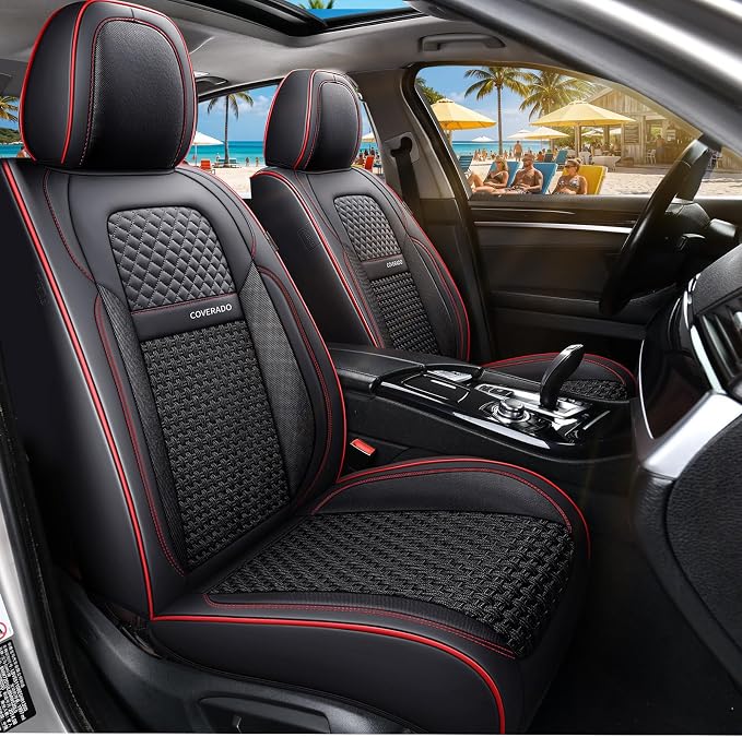 Coverado Seat Covers, Car Seat Covers 5 Seats, Luxury Leather Seat Protectors, All-Weather Protection, Blue Auto Seat Covers Full Set Universal Fit for Most Vehicles SUV Truck Sedan