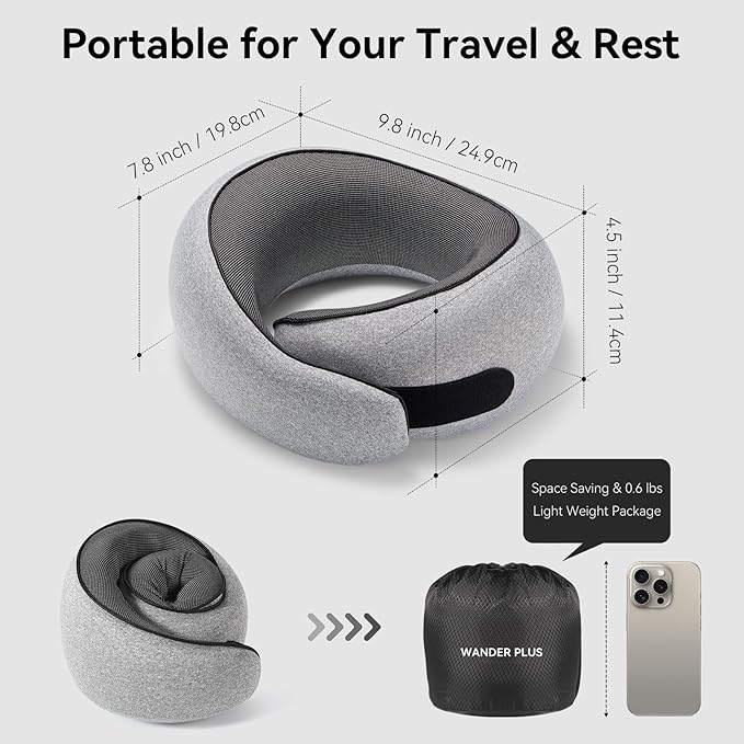 WANDER PLUS® Travel Pillow, 100% Pure Memory Foam Travel Neck Pillow Airplane Neck Support Ergonomic Design Best for Sleeping Plane Car Train Office Flight for Adults Sky Blue