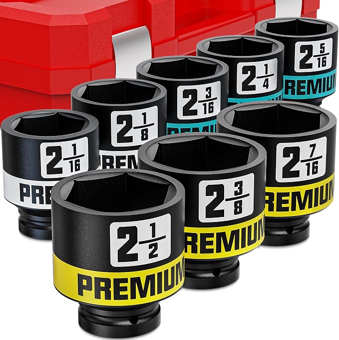 3/4” Drive Impact Socket Set, 2-1/16”-2-1/2” Axle Nut Sockets, 8pcs Shallow Jumbo Sockets, SAE, 6 Point, Cr-V, Repair Tools for Installing and Removing Stubborn Spindle Nuts and Bolts