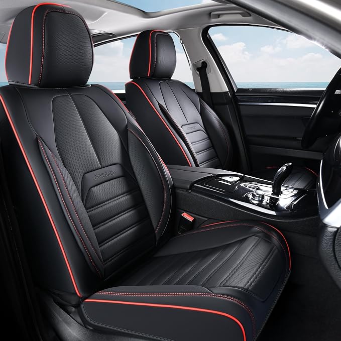 Coverado Car Seat Covers Full Set, Black Redline Seat Covers for Cars, Automotive Seat Covers, Waterproof Nappa Leather Front Seats and Back Car Seat Protector, Universal Fit for Most Cars SUV Trucks