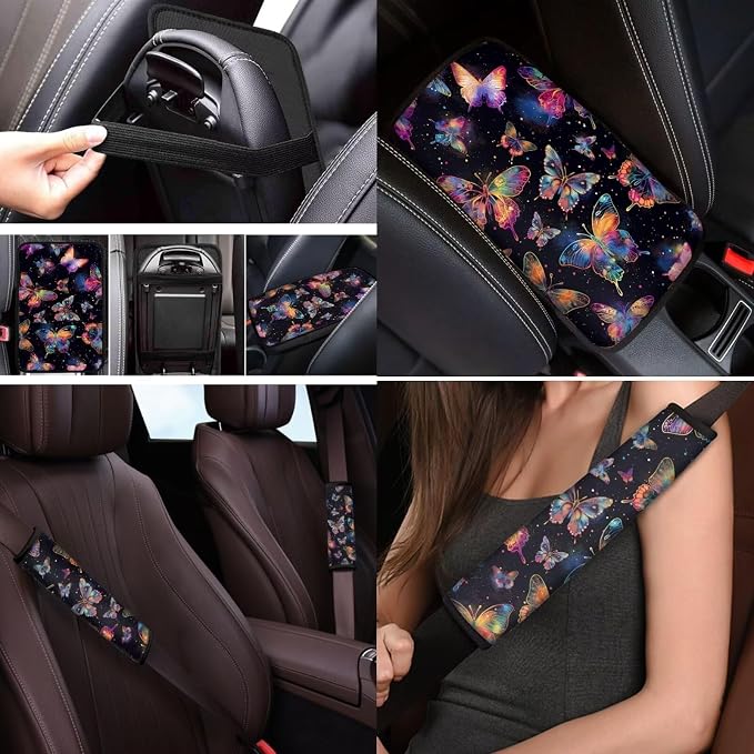 Mumeson Colorful Butterfly Car Seat Set with Steering Wheel Cover,Soft Seatbelt Covers Shoulder Pad,Armrest Cushion Covers Fit Most Vehicle Interior Accessories 8 Pack Set Black