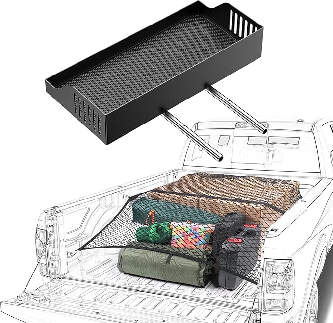 Highly Elastic Cargo Net for Pickup Truck Bed & All Metal Front Center Seat Headrest Organizer Compatible with 2011-2025 2026 Ford F150 F250 F350 F450 F550 F650