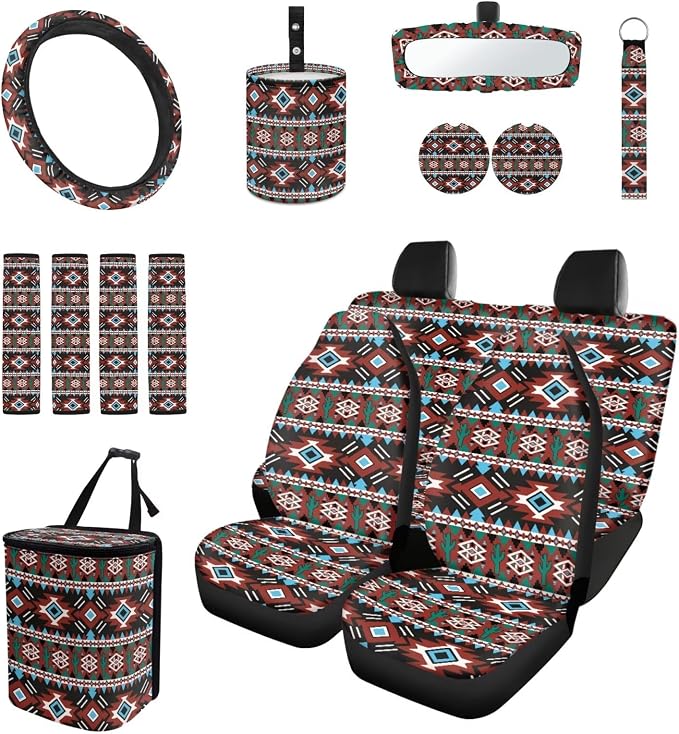 Geometric Tribal Aztec Car Accessories Car Seats Cover Protector, Steering Wheel Covers, Seatbelt Cover, Car Trash Can, Cup Coasters, Rearview Mirror Cover, Keychains, Pack of 15