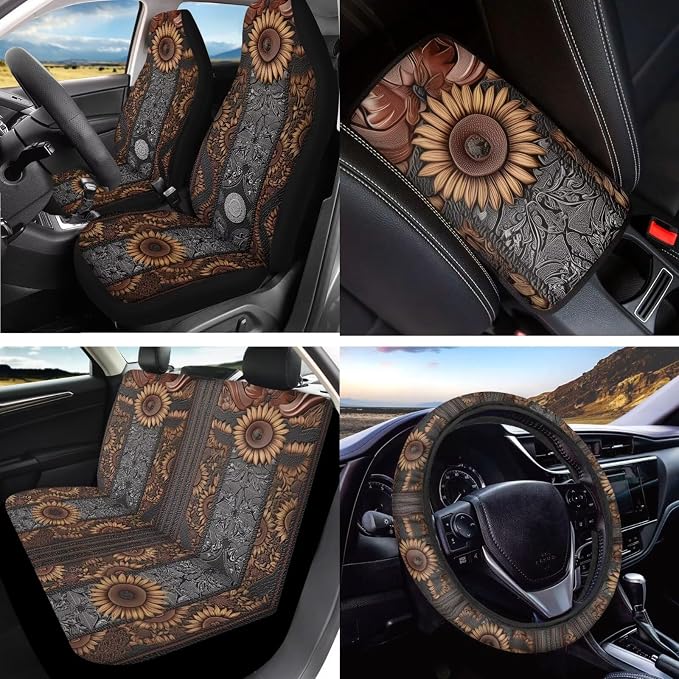 Sunflower Print Car Seat Cover Full Set with Steering Wheel Covers Auto Seat Belt Pads Auto Armrest Pad Car Rear View Mirror Protector Universal Fits, 15 Pack, Brown