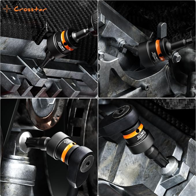 Crosstar 3-Piece T50 Impact Torx Bit Swivel Socket Set, 3/8" Drive CR-MO Wobble Star Sockets with Spring Shock Absorption, Professional Mechanic Tools for Tight Spaces & High-Torque Applications