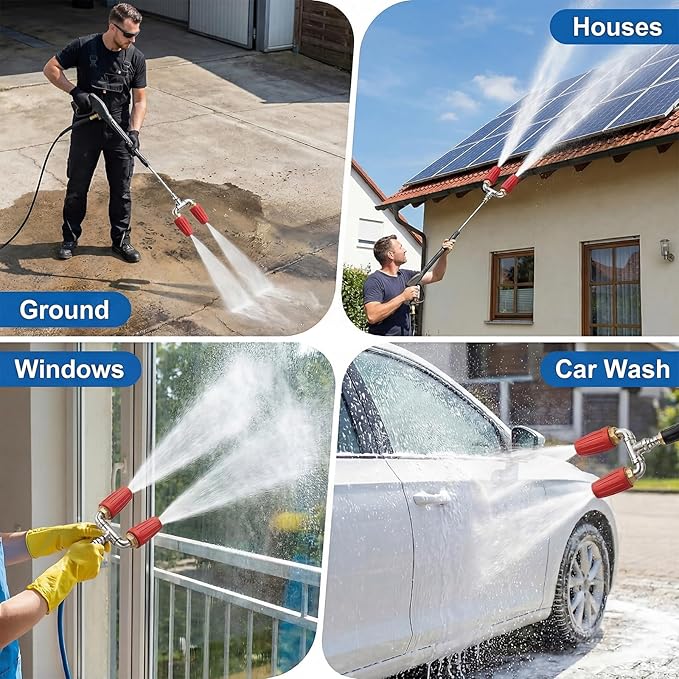 Dual Turbo Nozzle Pressure Washer, Dual Pressure Washer Nozzle, 360° Rotating 4000 PSI Turbo Nozzle with 1/4" Quick Connector 2.0 Orifice, 304 Stainless Steel for Driveway/Deck Clean(Red)