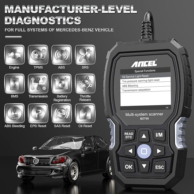 ANCEL BZ700 with Case Professional OBD2 Scanner for Mercedes Benz Sprinter Smart, Read/Erase Transmission ABS SRS Airbag SAS TPMS Error Codes Diesel Car Diagnostic Reset Scan Tool Engine