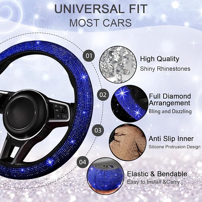 NBTEPEM 8 pcs Blue Bling Car Accessories Set for Women, Steering Wheel Cover, Sparkly Seat Belt Covers, Bling Gear Shift Cover, Universal Fit Most Cars (Blue Diamond)