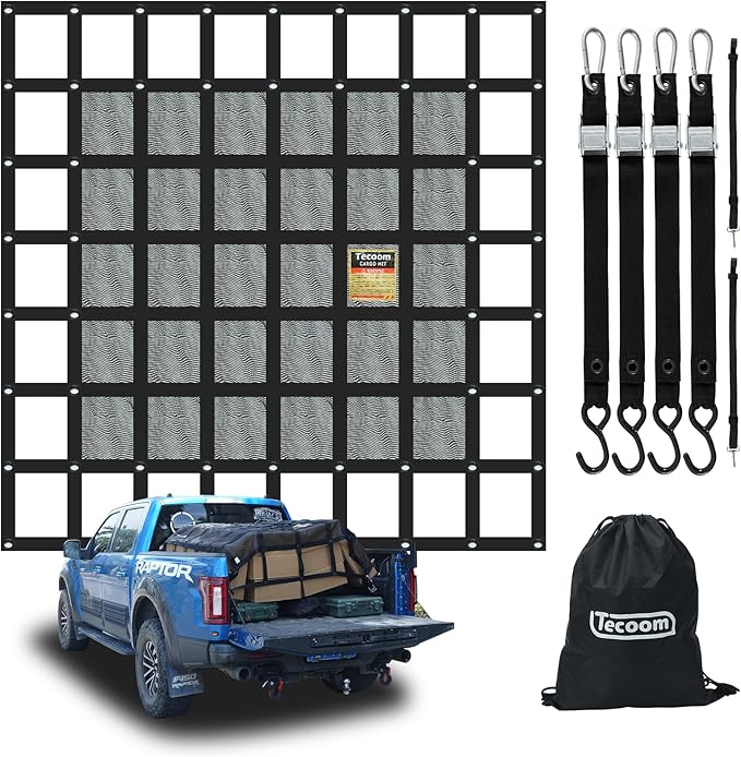 Tecoom Cargo Net for Pickup Truck Bed, 8.1x6.66 ft Heavy Duty Cargo Net, Organizer Netting, Cargo Carrier for Toyota, Ford, Chevy Silverado, GMC, RAM