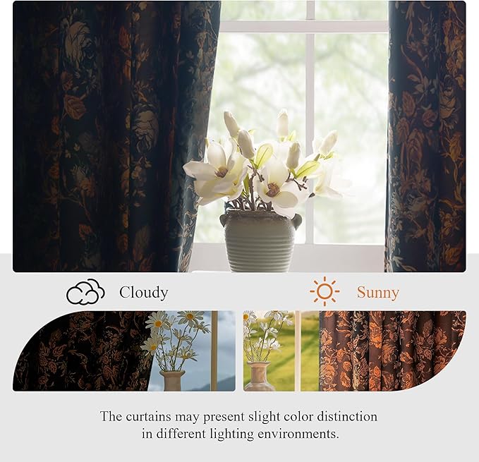 StangH 105 inches Black Vintage Curtains for Living Room, Super Soft Floral Floor to Ceiling Window Drapes Retro Luxury Print Curtains for Home Office, W52 x L105, 2 Panels