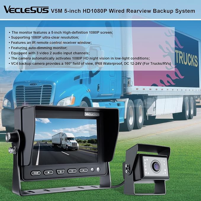 Backup camere System for Truck,VECLESUS V5M 5” 1080P Backup Camera System, 3-Channel Video Input with Reversing Delay & Night Vision, Waterproof Rear View Kit for Trucks/Buses/Vans