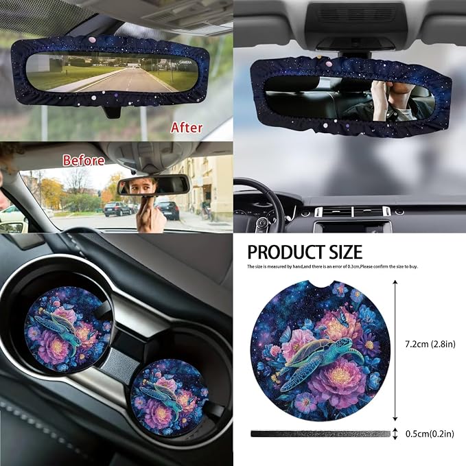 Sea Turtle Print Car Interior Cover Full Set of 14 Flower Butterfly Print Front and Rear Split Bench Seat Cover with Decorative Auto Interior Accessories for Truck Sedan SUV