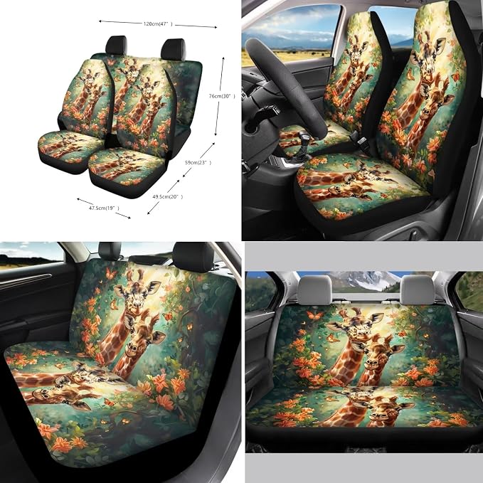 Suobstales Giraffe Butterfly Flower Print Car Accessories for Women Seat Covers Set with Universal Steering Wheel Cover Seatbelt Pads, Cup Holder Coasters, Keychain Fits SUV Trunk Sedan
