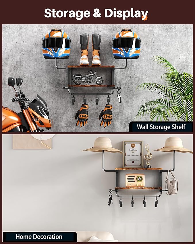 Motorcycle Helmet Holder Wall Mount, 2-Tier Helmet Rack with 2 Hat Stands, Motorcycle Accessories Gear Storage Organizer Display for Men Jackets, Caps in Garage, Living Room (Rustic Brown)