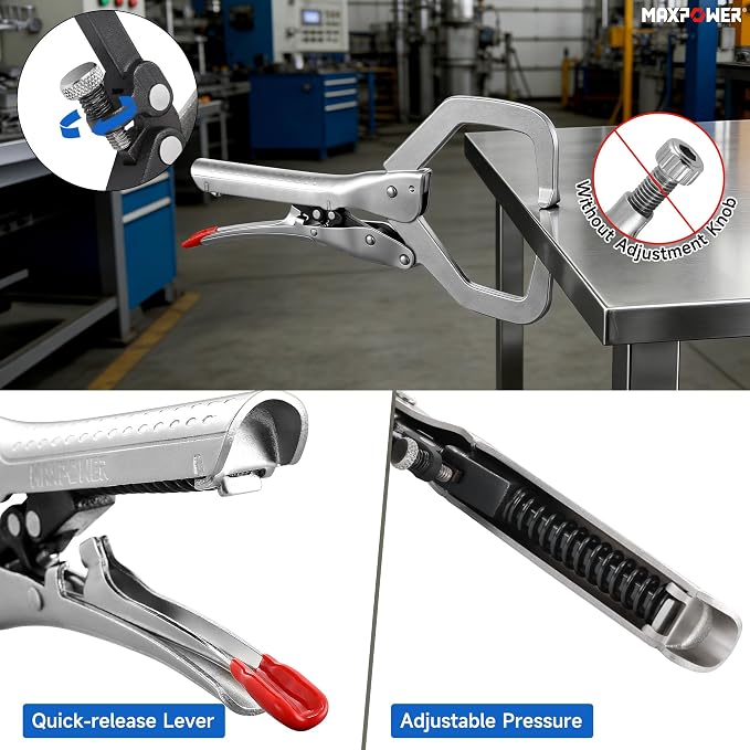 MAXPOWER 11-Inch Self-Adjusting Locking C-Clamp, Regular Tips, 3.35" Throat Depth, 3.7" Jaw Capacity C Clamp Locking Pliers, 925 lbs Maximum Clamping Force