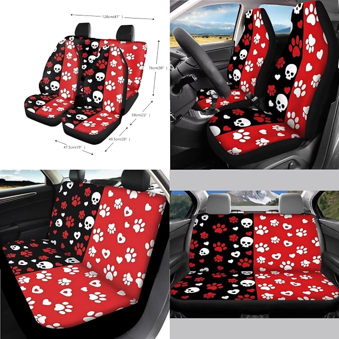 Skull Love Print Car Seat Covers Full Set Dog Paw Print Car Seat Covers Front and Back Full Set with Steering Wheel Cover Armrest Cushion Safety Belt Pads Garbage Bag Cup Coasters