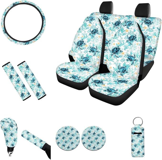 12 Pack Car Seat Covers for Women Men with Steering Wheel Cover and Seat Belt Pad Washable 2 Pcs Cup Coaster Holder Keychain Gear Shift Cover Auto Accessories, Sea Turtle