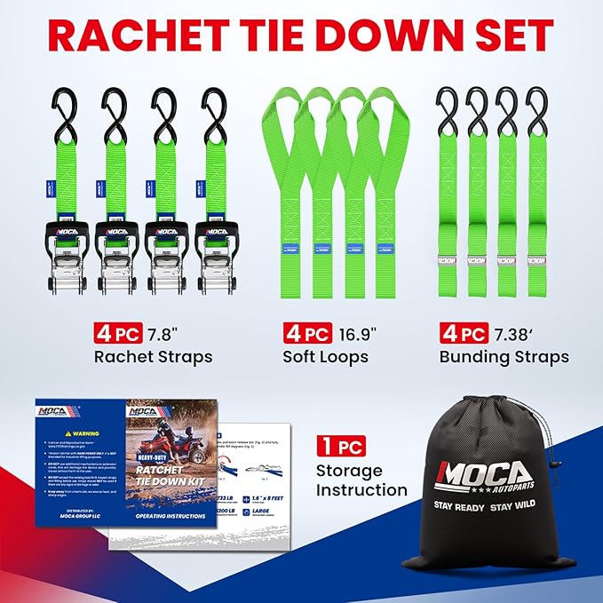 MOCA Green Heavy Duty Ratchet Tie Down Straps - 5,200 Lbs Breaking Strength 1.6" x 8', with 4 Heavy Duty Ratchet Padded Handles & Coated Chromoly S Hooks & 4 Soft Loop Tie-Downs (Green)