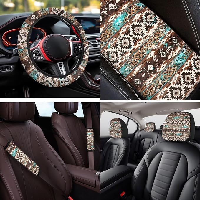 Bulopur Western Native American Automotive Seat Covers Set with Matching Steering Wheel Cover Breathable Center Console Cushion Pad Non-Slip Seat Headrest Cover 14 Pack Auto Interior Accessories