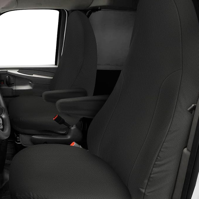 Seat Covers Compatible with 2010-2025 Chevy Express Front Bucket Seats with Opening for Grab Handle on Passenger Side Backrest, NOT for RV Seats (Black, 2010-2024 Express Front (Knitted))