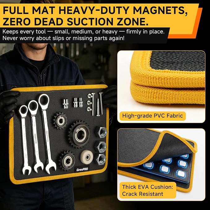 GRENPRO Magnetic Tool Mat & Tray Holder, PVC Non-Slip Organizer for Auto Repair, 6 Pack: 3 Mats + Pickup + Inspection Mirror