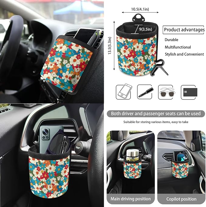 Hippie Floral Print Car Front Back Seat Covers Set of 15 Steering Wheel Cover Seat Belt Strap Cover Trash Cans Air Vent Storage Holder Cup Holder Rearview Mirror Covers Key Chain