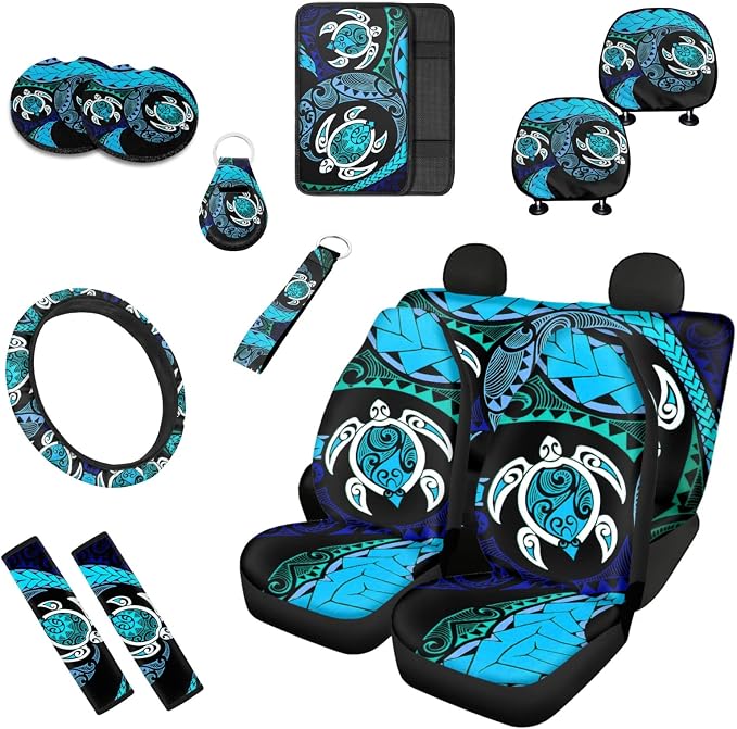 Hawaii Sea Turtle Print 13 PCS Car Seat Covers Full Set Tribal Turtle Arrow Swirl Zigzag Car Front Back Seat Cover Steering Wheel Cover Fit Auto SUV Trucks, Turquoise