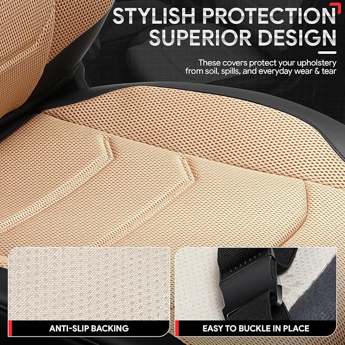 Sport Series Leatherette Front Row Set Seat Covers Universal for Cars Trucks SUV, Beige/Black, CA-SC-Sport-F-BE