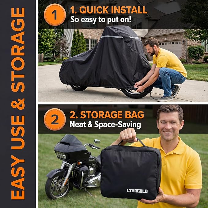 Motorcycle Cover for Harley Davidson Road Glide Street Glide Road King Electra Glide Heritage Classic and More, Waterproof Heavy Duty All Weather Outdoor Storage, Touring Bike Cover