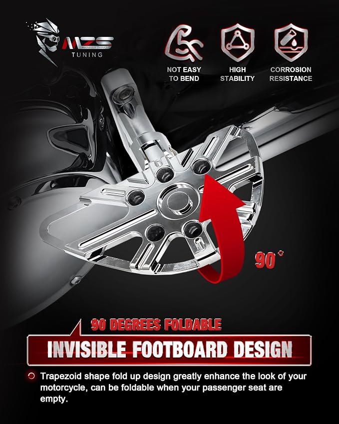 MZS Motorcycle Passenger Floorboards, Touring Rear Footboards Foldable Floor Boards Foot Peg Mount Kit CNC Chrome Compatible with Road Electra Street Glide Road King Tri Ultra CVO 1993-2025