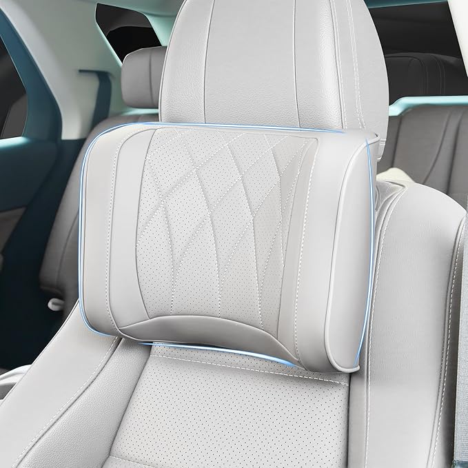 Car Headrest Pillow U-Shaped, Memory Foam Head Neck Support Cushion for Driving, Leather Head Rest Travel Pillows for Sleeping, Breathable Removable Cover, Gray, 1 Pack