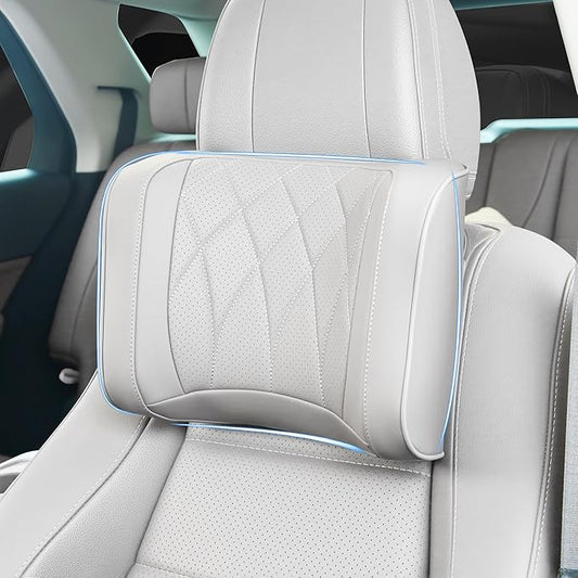 Car Headrest Pillow U-Shaped, Memory Foam Head Neck Support Cushion for Driving, Leather Head Rest Travel Pillows for Sleeping, Breathable Removable Cover, Gray, 1 Pack