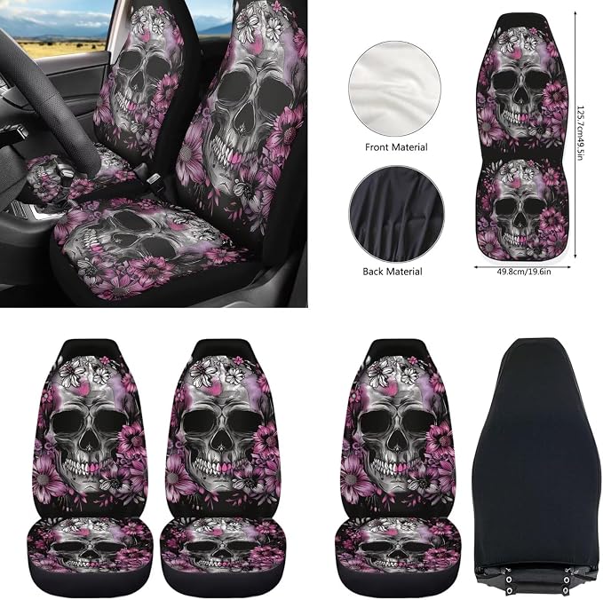 Howilath Purple Flower Skull Auto Front Seats Protector with Center Console Cover+Steering Wheel Cover+Seatbelt Pads+Keychain+Coasters Car Accessories Set of 10