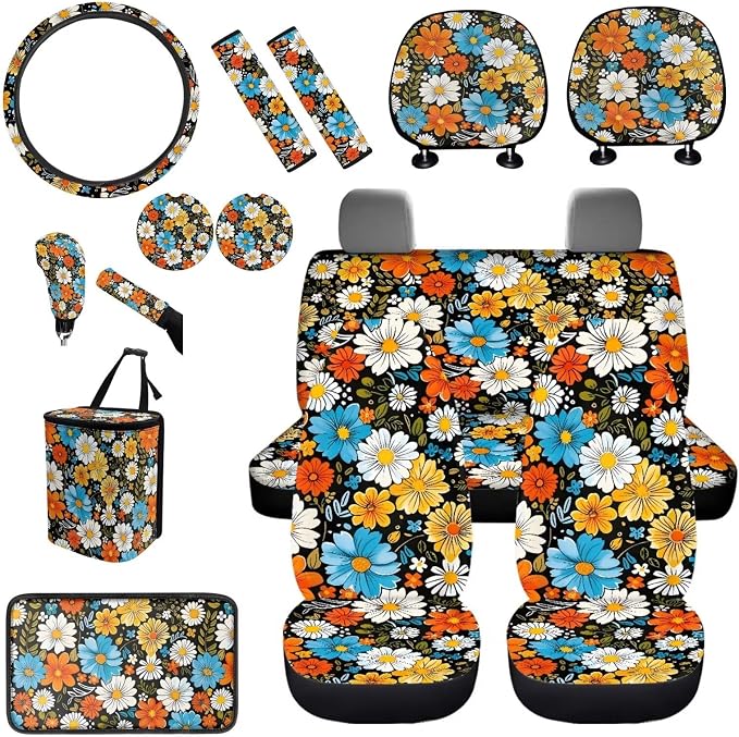 BIGCARJOB Hippie Daisy Print Car Seat Cover Set 15 Pcs Art Blossom Daisy Car Seat Interior Accessories Full Set with Seat Belt Pads,Car Seat Head Rest Protective Cover,Auto Garbage Bag