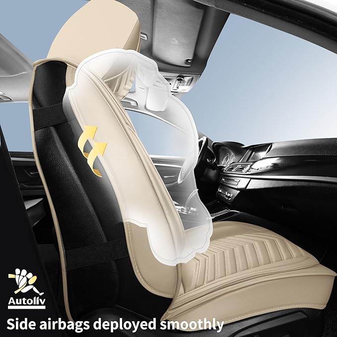 HChengkikz Nappa Leather Car Seat Covers Front Seats, Beige Car seat Protector, Waterproof Car Seat Cushion, Universal Automotive Seat Covers Fit for SUV Truck Pick-up Sedan and Most Cars