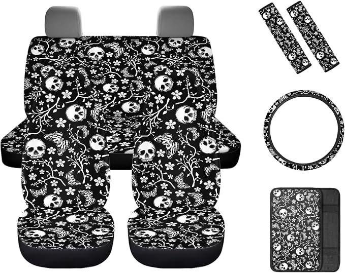 Skeleton Butterfly Prints Car Seat Covers Full Set with Car Steering Wheel Cover Auto Center Console Pad Seat Belt Pads, Automotive Interior Accessories - 8 Pack