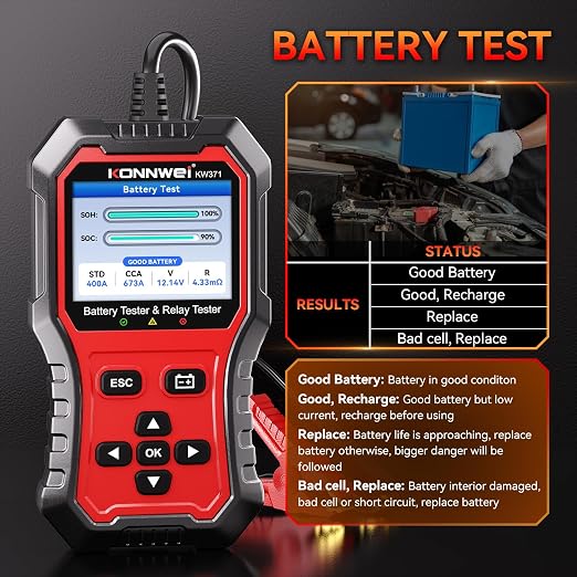 KONNWEI KW371 Battery Tester & Relay Tester 2 in 1 | 6V/12V/24V battery system tester with cranking & charging analysis. 4/5-pin relay tester. CCA 10-2000. No batteries required.