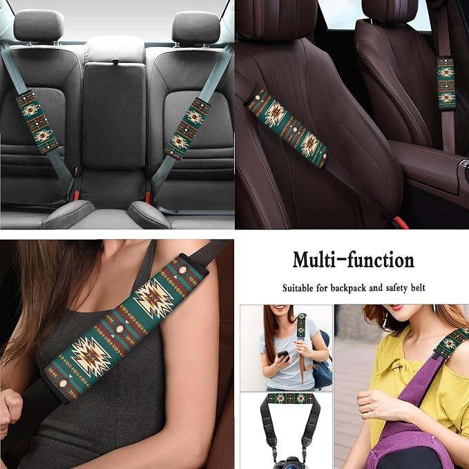 Aztec Seat Covers Full Set with Western Steering Wheel Cover, Shoulder Pads, Tribal Seat Covers Car Accessories Universal Fit for Most Cars, Green and Brown