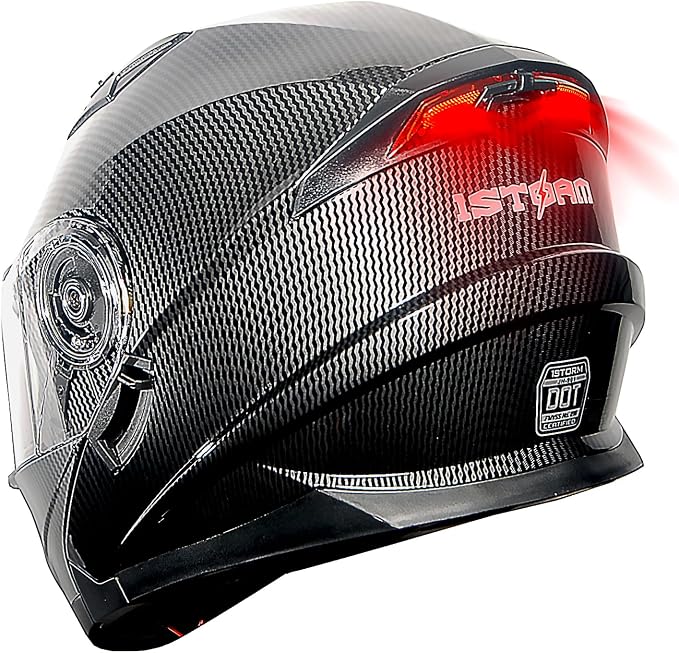 1Storm New Motorcycle Bike Modular Full Face Helmet Dual Visor with Rechargeable LED Tail Light: Modular901 Carbon Fiber Black