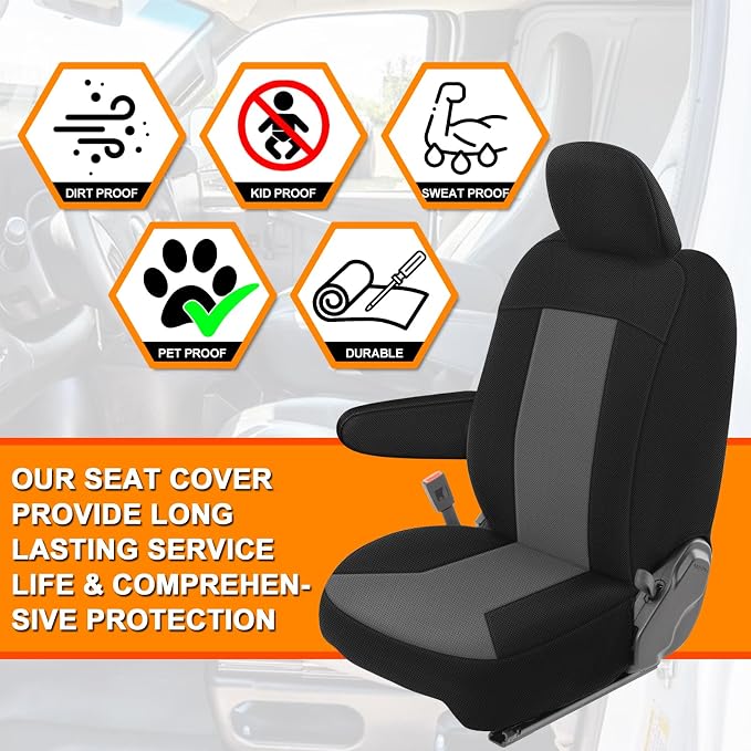 Front Bucket Seat Covers Compatible with 2013-2020 Dodge Ram Promaster Van, Armrest on Drivers Only, Breathable Automotive Cover Cushion Accessories, Black and Charcoal