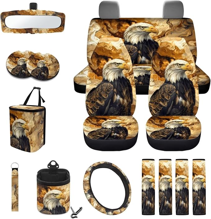 Marble Eagle Car Front Back Seat Covers Full Set with Steering Wheel Cover Safe Belt Pads Cup Coasters Garbage Cans Rear View Mirror Cover Keychain Air Vent Storage Case, Set of 15