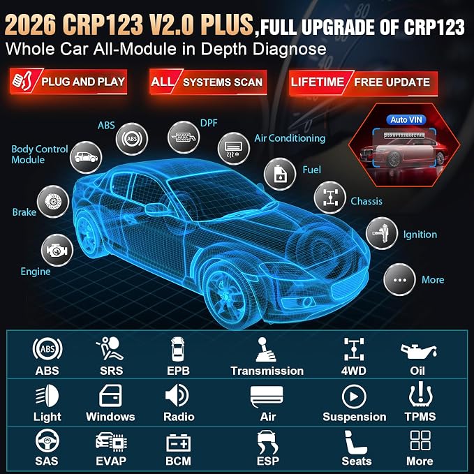 LAUNCH CRP123 V2.0 Plus [2026 New Model] All System Scan Tool with 3 Reset Oil Service/Throttle Relearn/SAS Reset,OBD2 Scanner Diagnostic Tool,Lifetime Free Update