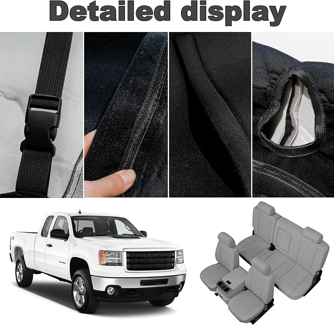 Seat Covers for Chevy Silverado & GMC Sierra 1500/2500HD 2007-2013 Heavy Duty Cloth Protector Interior Accessories，Waterproof & Machine Washable-Gray (Front & Rear)