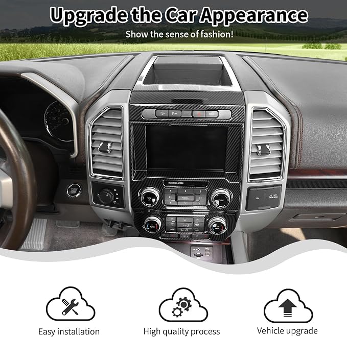 3Pcs Interior Trim Kit Fit for F150 2015-2020, Central Control Navigation Panel/Emergency Light Control Switch/Storage Compartment Decorative Frame (Carbon Fiber)