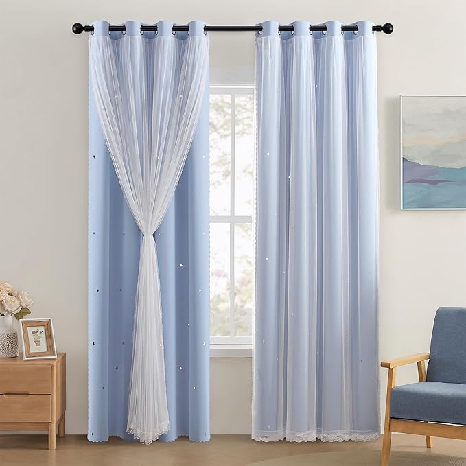 XiDi Light Blue Blackout Curtains for Girls Bedroom Living Room 84 Inches Long 2 Panels Star Curtains Boys Kids Room Darkening Thermal Insulated Drapes Grommet Noise Reduction Window Treatments 52x84