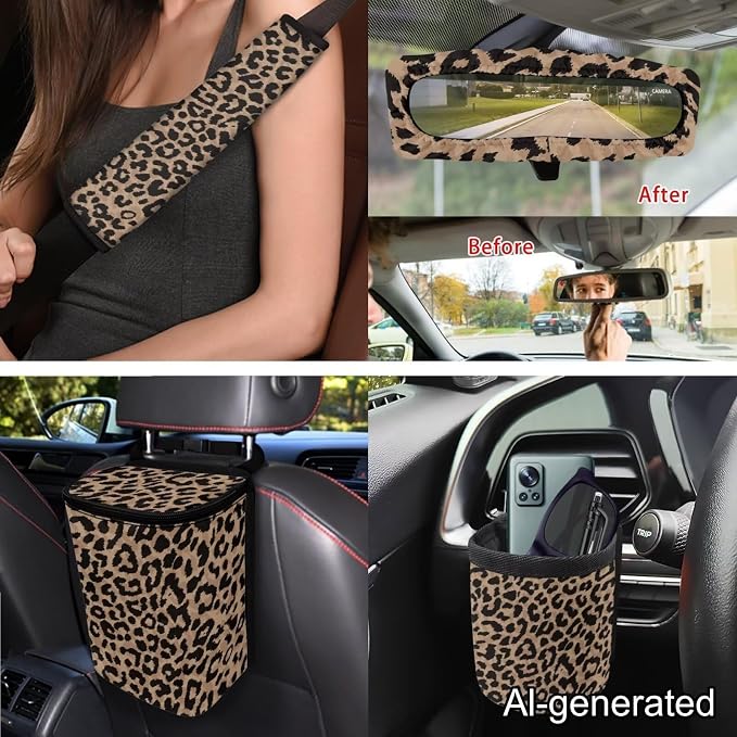 Dreaweet Brown Leopard Print Car Seat Covers Full Set for Women Cheetah Car Accessories Steering Wheel Cover Seat Belt Pads Car Coasters Trash Bag Air Vent Storage Bag Rearview Mirror Cover Keychain