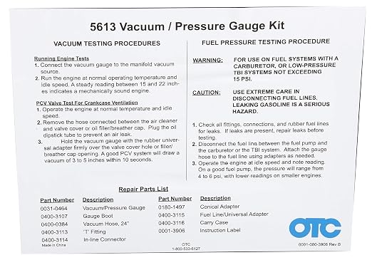 OTC 5613 Vacuum/Pressure Gauge Kit - Test Vacuum Lines, Low Pressure Fuel Systems and More - Quickly Diagnose Internal Engine Problems like Bad Rings, Valves, and Leaking Head Gaskets