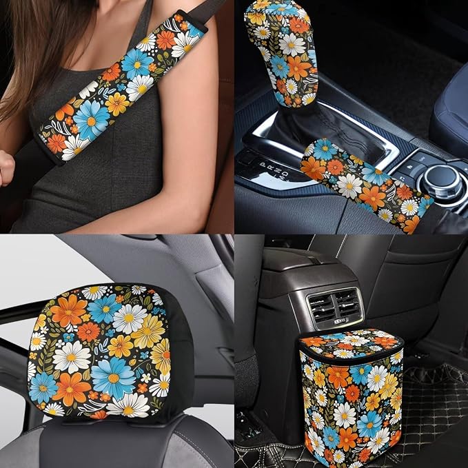 BIGCARJOB Hippie Daisy Print Car Seat Cover Set 15 Pcs Art Blossom Daisy Car Seat Interior Accessories Full Set with Seat Belt Pads,Car Seat Head Rest Protective Cover,Auto Garbage Bag