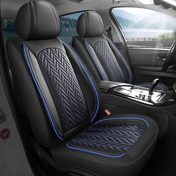 SCITOO 2PCS Universal Waterproof Front Car Seat Covers,Black&Blue | Leather Car Seat Covers，Airbag-compatible,Detachable design, easy to install & remove,Fits for Chevrolet, For Ford